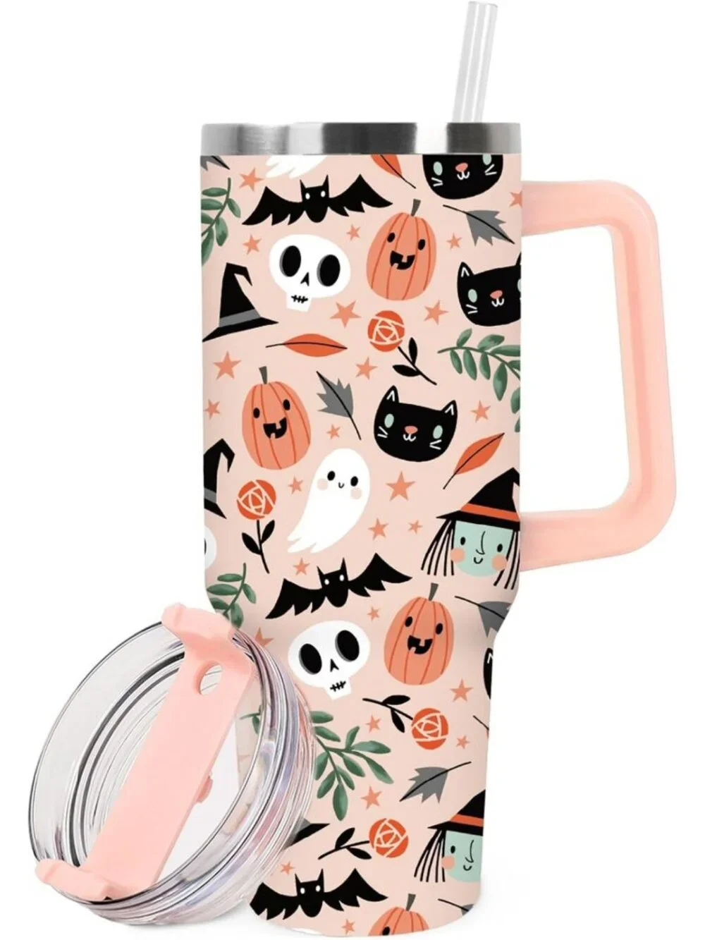40oz Halloween Tumbler with Handle, Straw & Lid - Spooky Skull Ghost Pumpkin